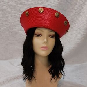 Vintage Red Beret with Gold Medallion Accents - Women Accessories